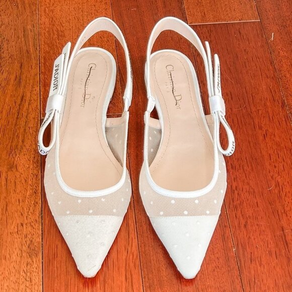 Dior Shoes - Christian Dior White Jadior Plumetis Polka Crystal Ribbon Slingback Ball…